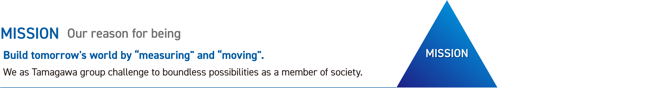 MISSION Our reason for being Build tomorrow’s world by “measuring” and “moving”. We as Tamagawa group challenge to boundless possibilities as a member of society.